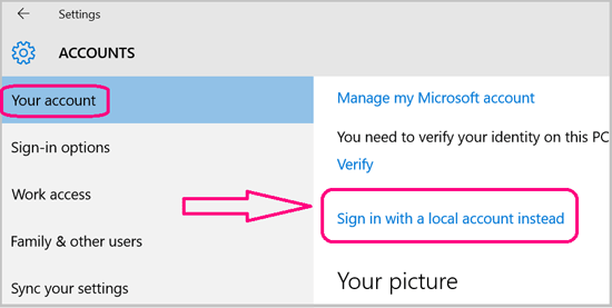 Trocar de conta Microsoft para conta local no Windows 10