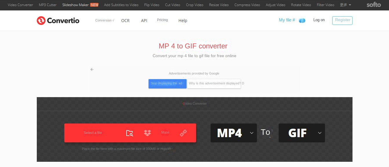 Interface da ferramenta de conversão de formatos on-line Convertio