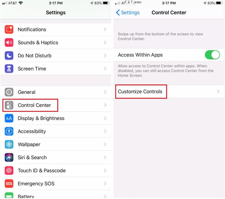 Escolha Control Center e Customize Controls em Settings