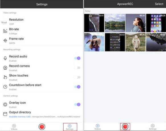 Interface do aplicativo ApowerREC para Android