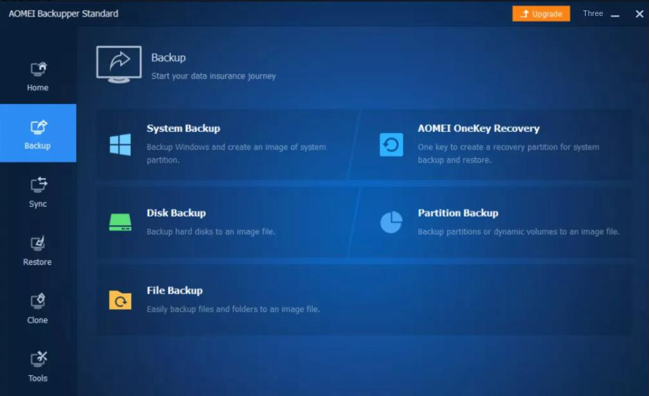 Interface de operação do software AOMEI Backupper