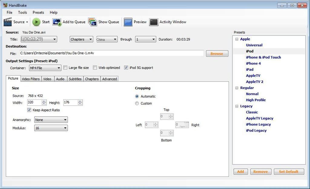 Interface de operação do software Handbrake