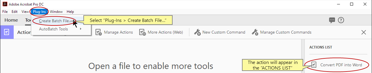 Abra o diálogo Criar Arquivo em Lote de Linha de Comando
