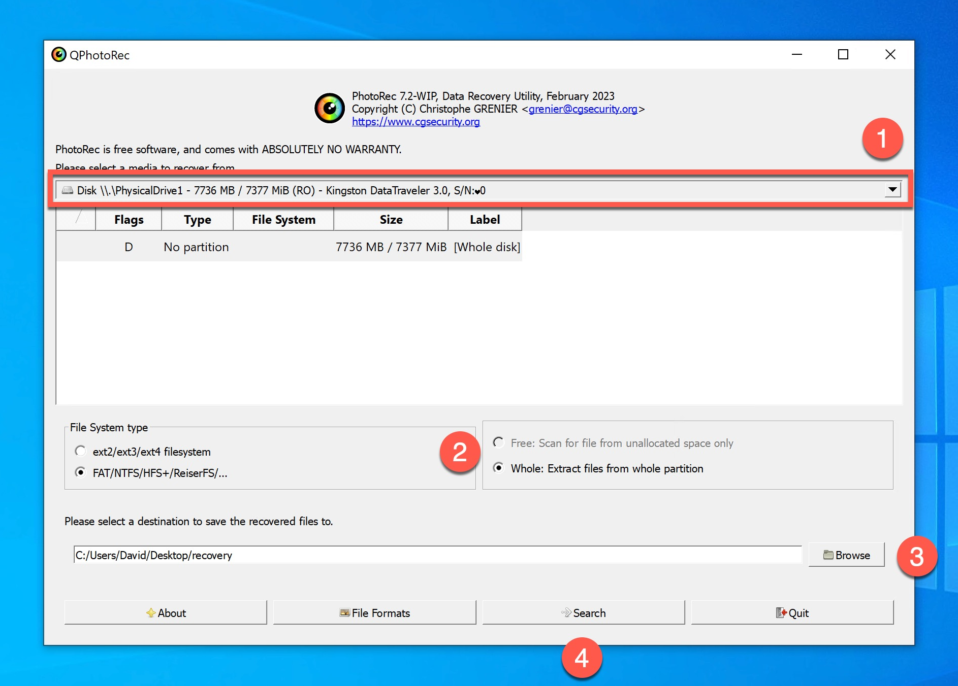 Recuperação com QPhotoRec no Windows 10