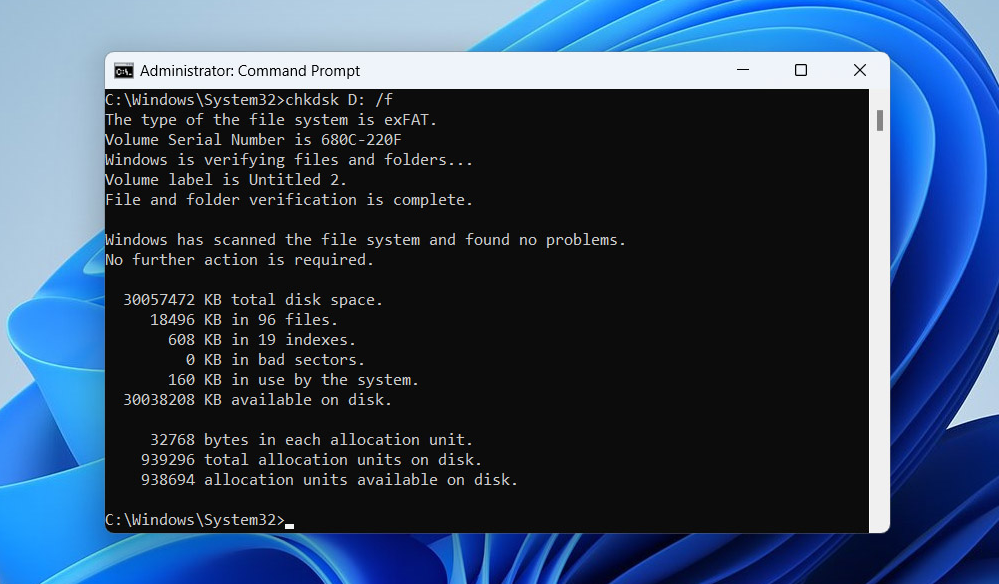 Resultados do comando CHKDSK