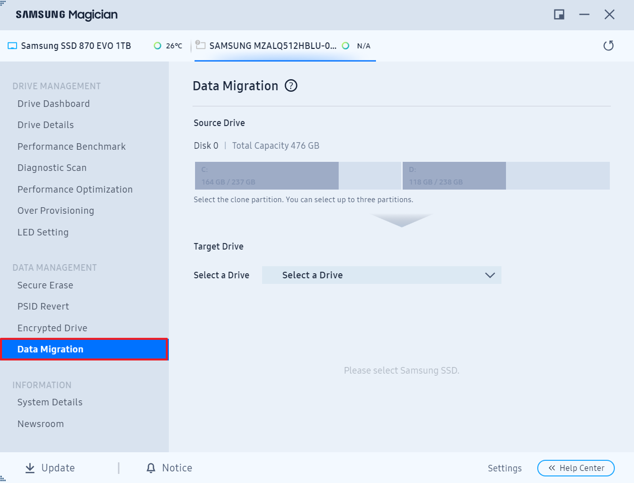 Iniciar Samsung Magician e clicar em Migração de Dados