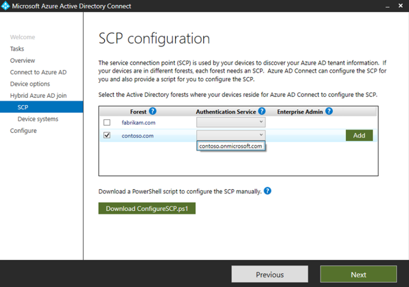 Domínio gerenciado de configuração do Microsoft Entra Connect SCP