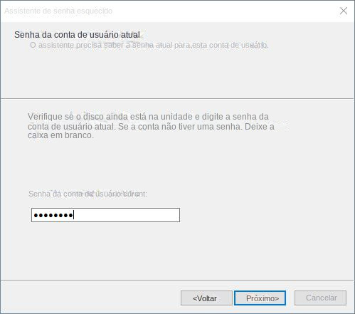 Crie um disco de redefinição de senha Digite a senha da sua conta de usuário atual quando solicitado