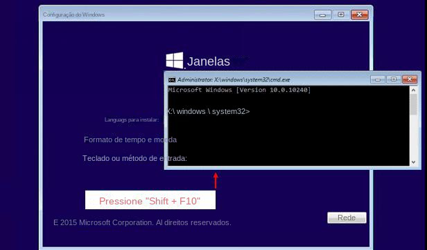 Pressione shift + F10 para abrir a janela do prompt de comando no disco de instalação do Windows