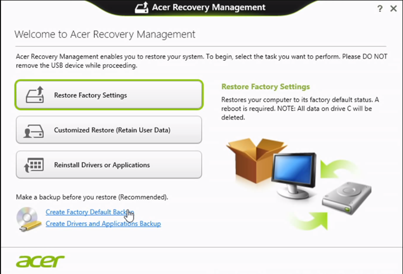 Menu do Acer eRecovery Management