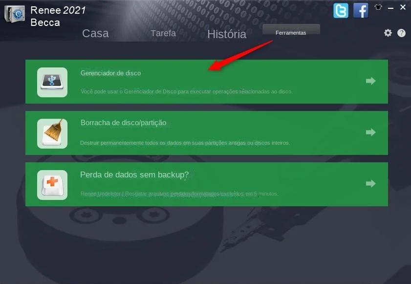 abrir o gerenciador de disco no Renee Becca