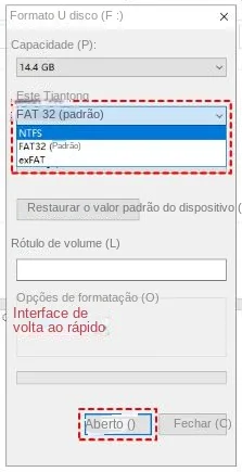 Selecione o sistema de arquivos como FAT32 (ou exFAT) e marque a opção Quick Format (Formato rápido).