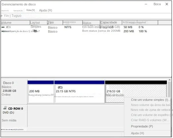 Selecione a opção Novo volume simples
