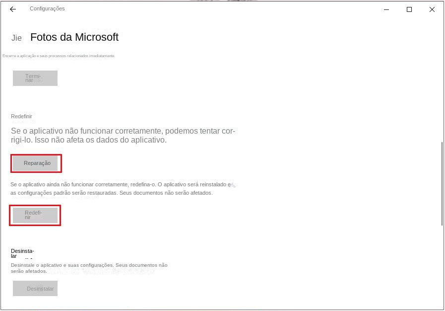 Clique no botão Reparar ou Redefinir
