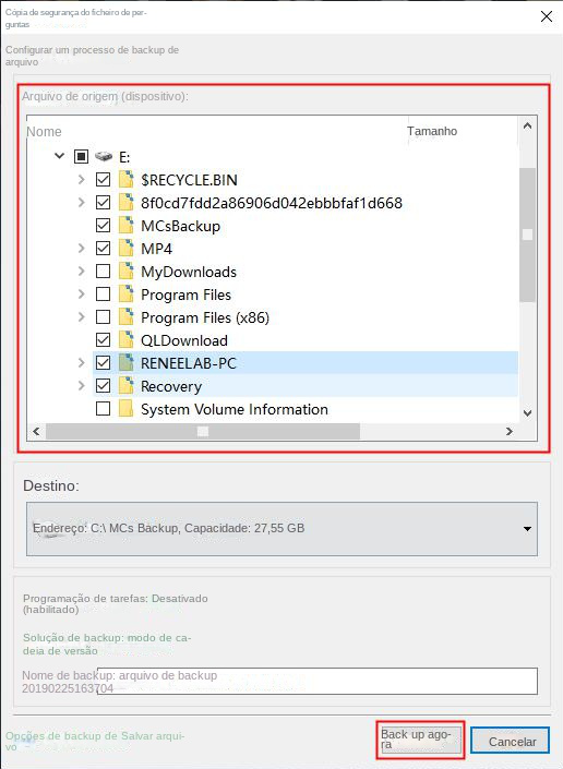 Selecione os arquivos para backup