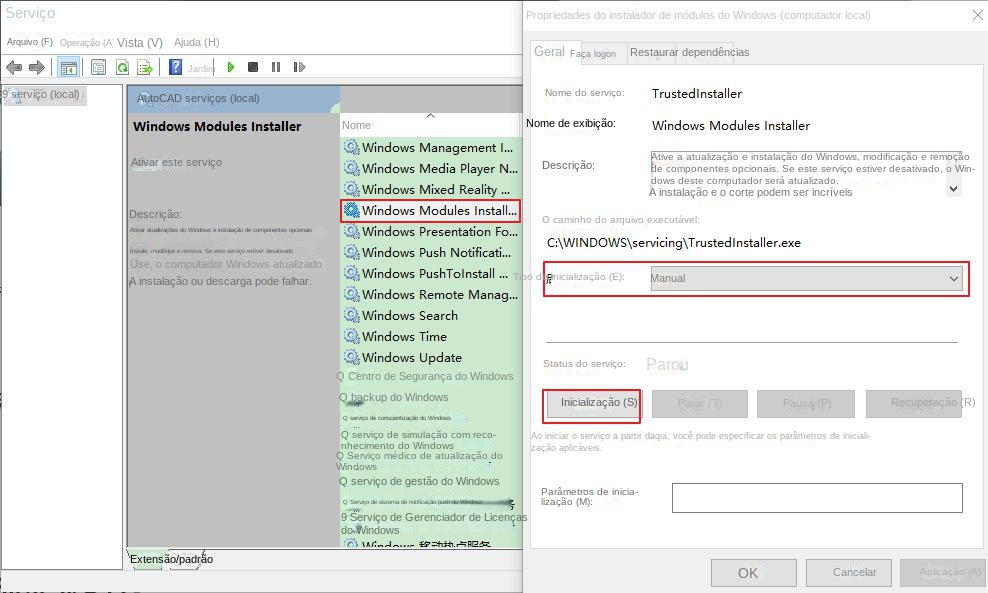 Inicie o instalador de módulos do Windows