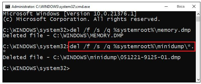 Digite a linha de comando para excluir o arquivo minidump