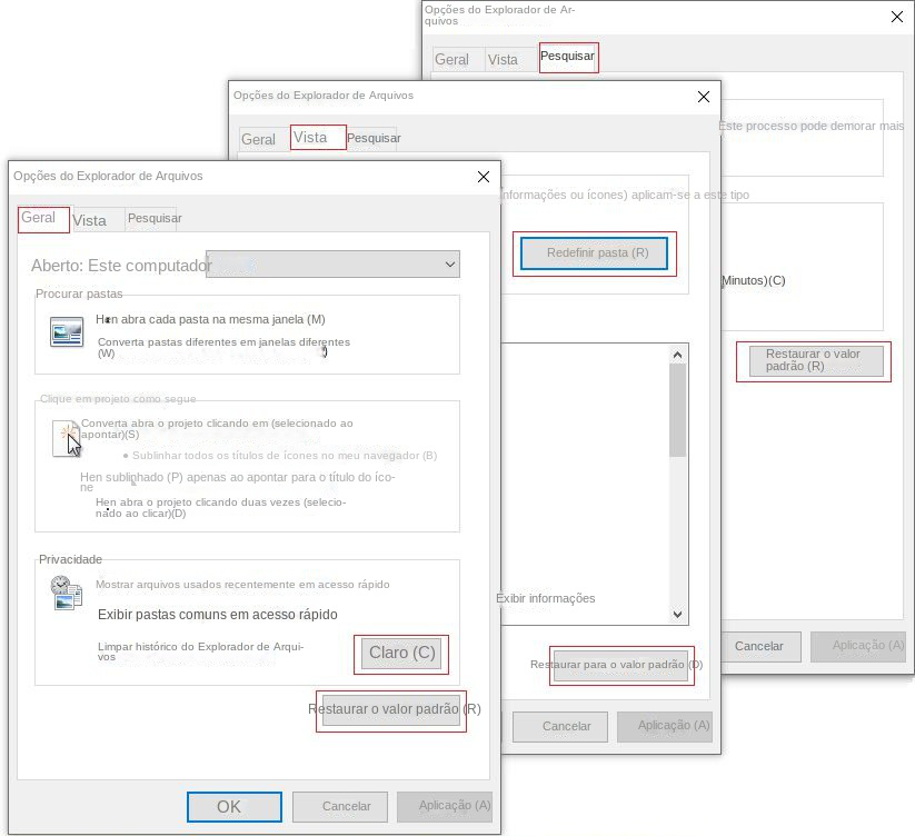 Limpe o histórico do File Explorer e clique em Restaurar padrões