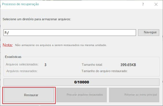 Selecione o local para restaurar os arquivos e clique em Recuperar