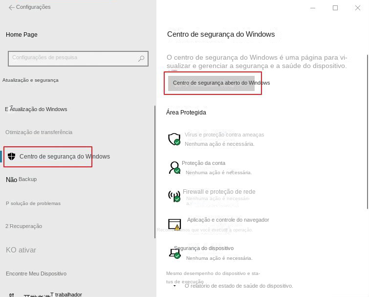Abra a Central de Segurança do Windows