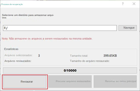 Selecione o local para restaurar os arquivos e clique em Recuperar