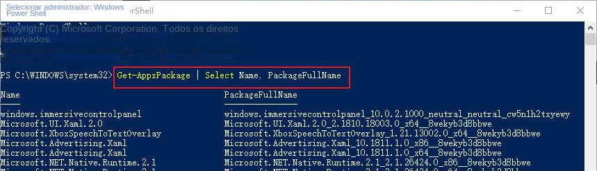 Digite o comando Get-AppxPackage