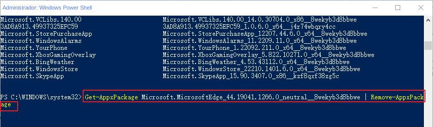 Digite o comando completo para desinstalar o Microsoft Edge