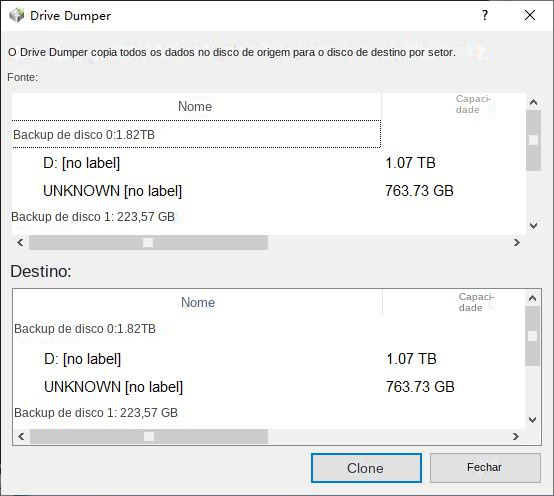 Selecione a origem e o destino do backup