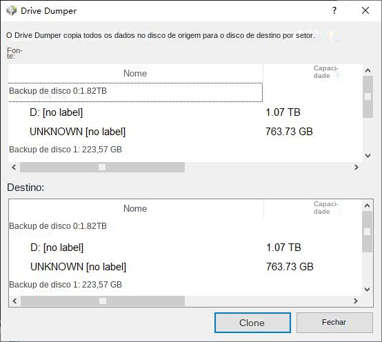 Selecione a origem e o destino do backup