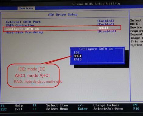 Altere a configuração da opção SATA Controller MODE