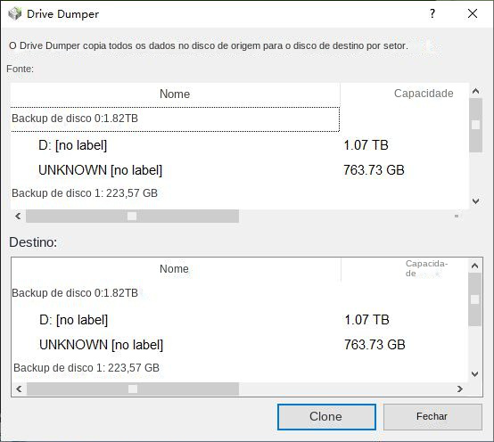 Selecione a origem e o destino do backup