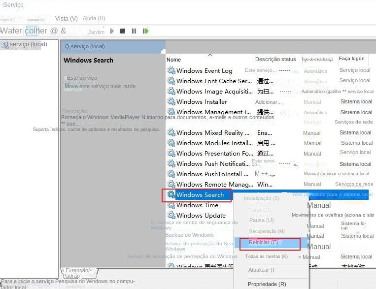 Reinicie o serviço de pesquisa do Windows