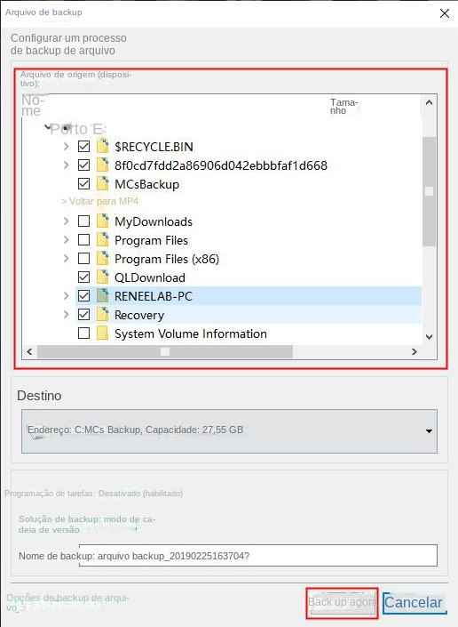 Selecione os arquivos para backup