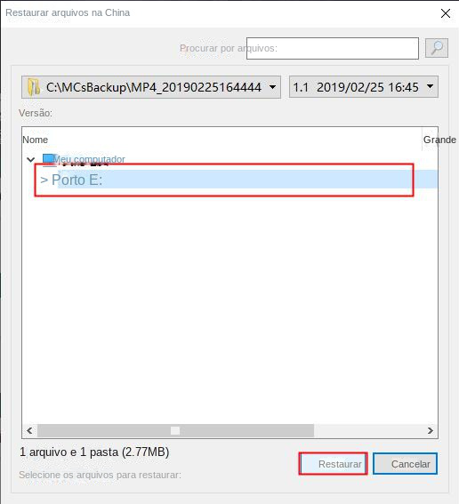 Escolha onde restaurar os arquivos e clique em Restaurar