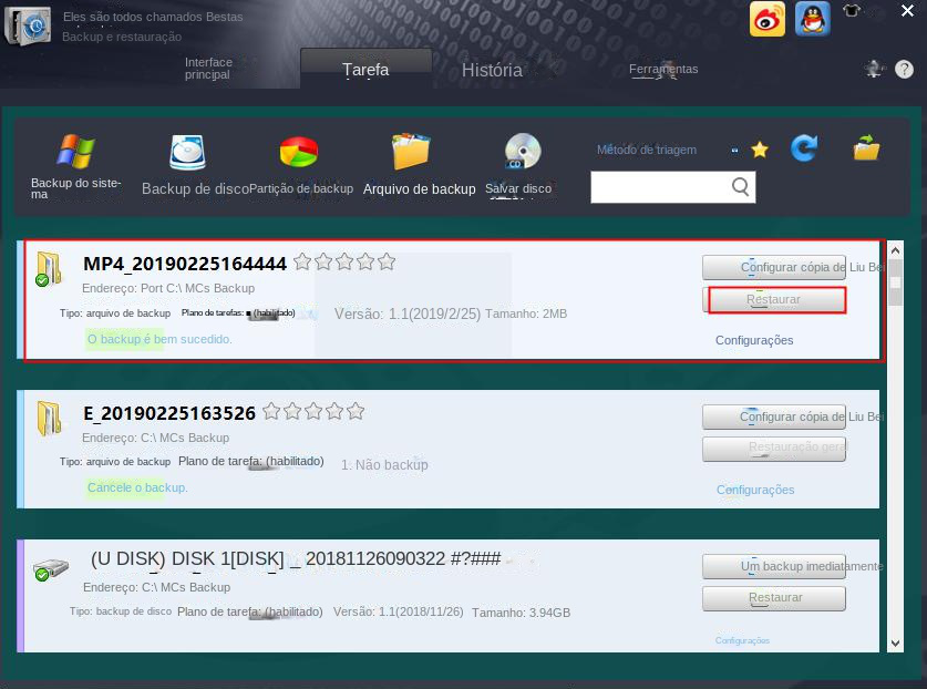 Verifique a lista de tarefas de backup e clique em Restaurar