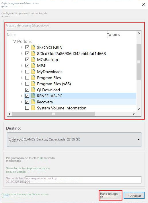 Selecione os arquivos para backup