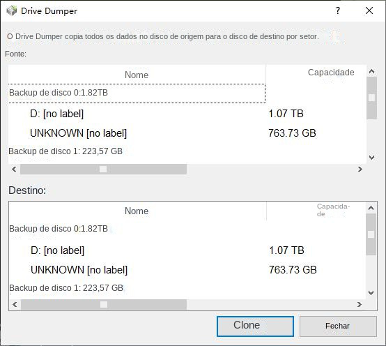 Selecione a origem e o destino do backup