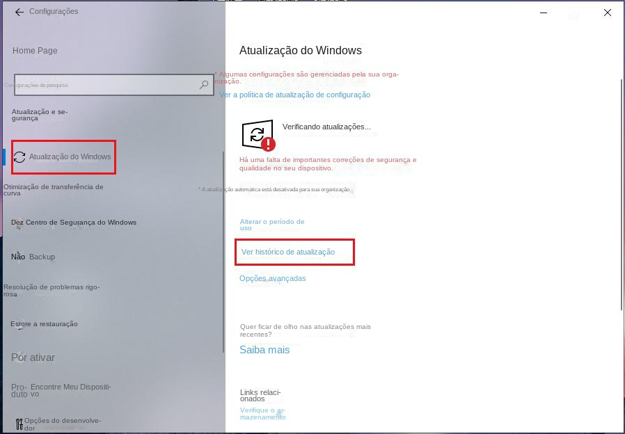 Clique para ver a opção de histórico de atualização