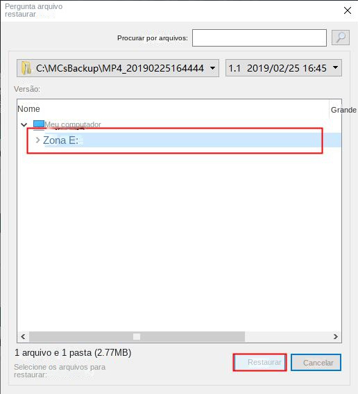 Escolha onde restaurar os arquivos e clique em Restaurar