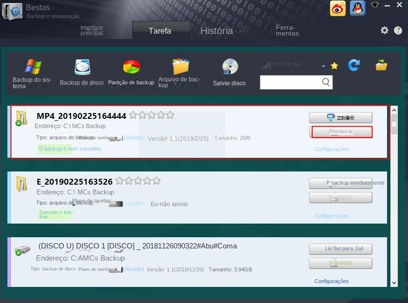 Verifique a lista de tarefas de backup e clique em Restaurar