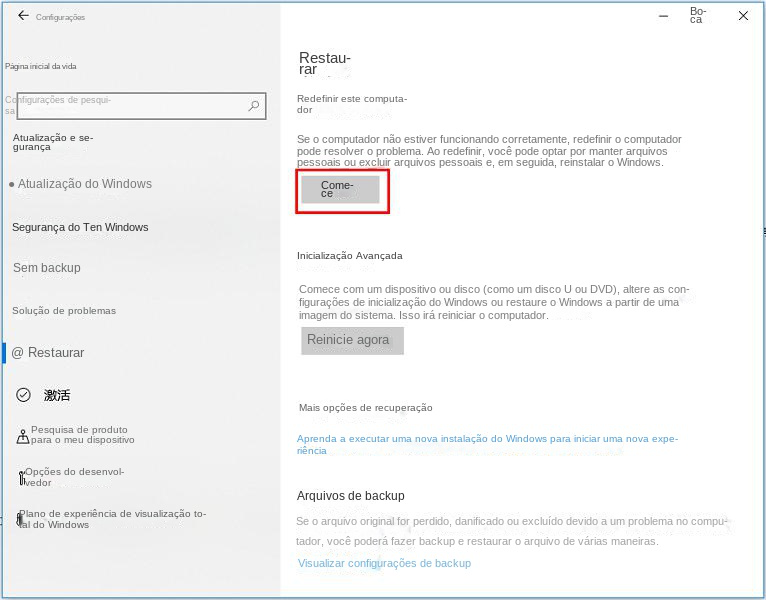 redefinir este pc clique em começar