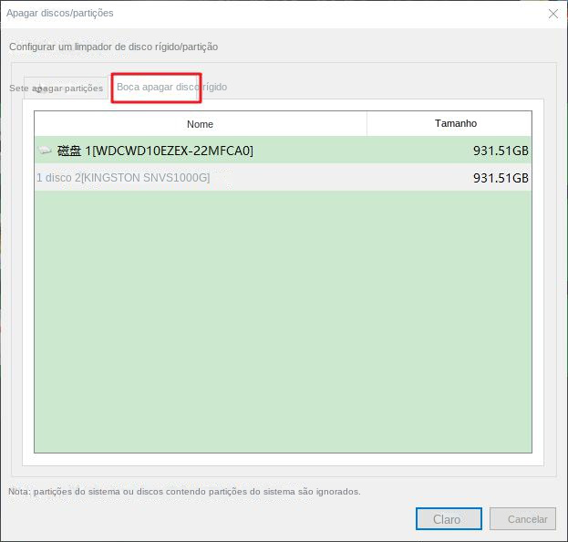 Selecione o disco rígido e clique em Limpar