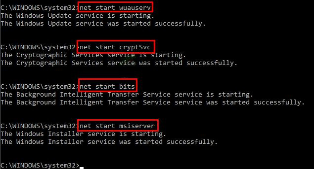 Digite uma série de comandos, como net start wuauserv