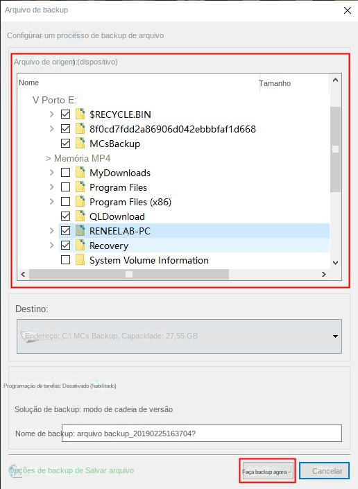 Selecione os arquivos para backup