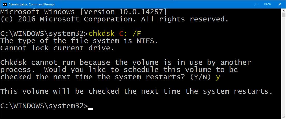 Digite a linha de comando chkdsk