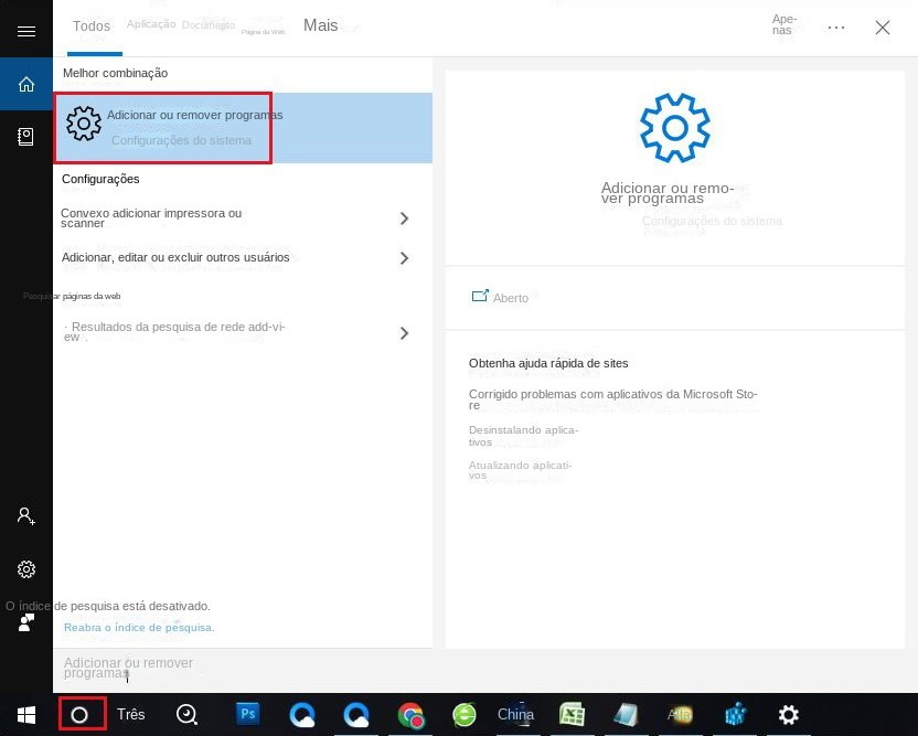 Encontre o aplicativo Adicionar ou remover programas