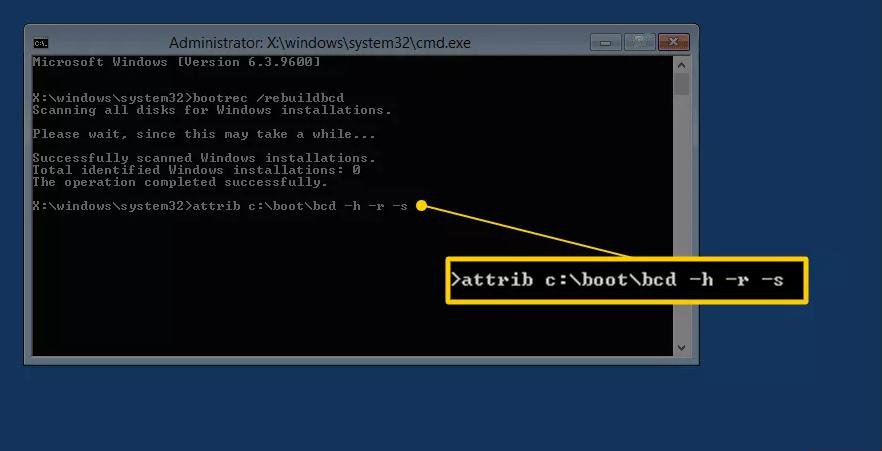 Digite o atributo c:\\bootbcd -h -r -s