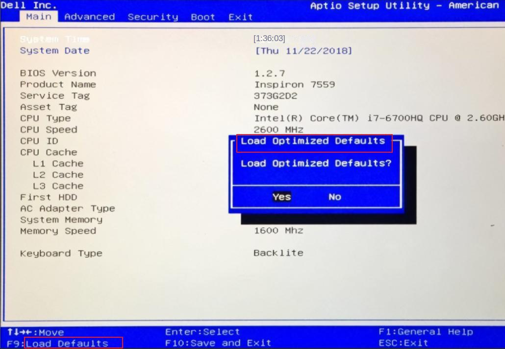 padrões de carregamento da opção BIOS do computador Dell