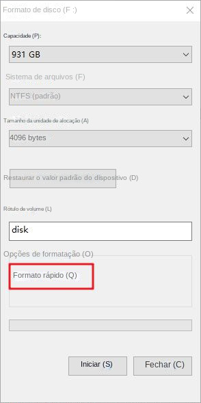 formatação rápida