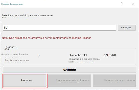 Selecione o local para restaurar os arquivos e clique em Recuperar